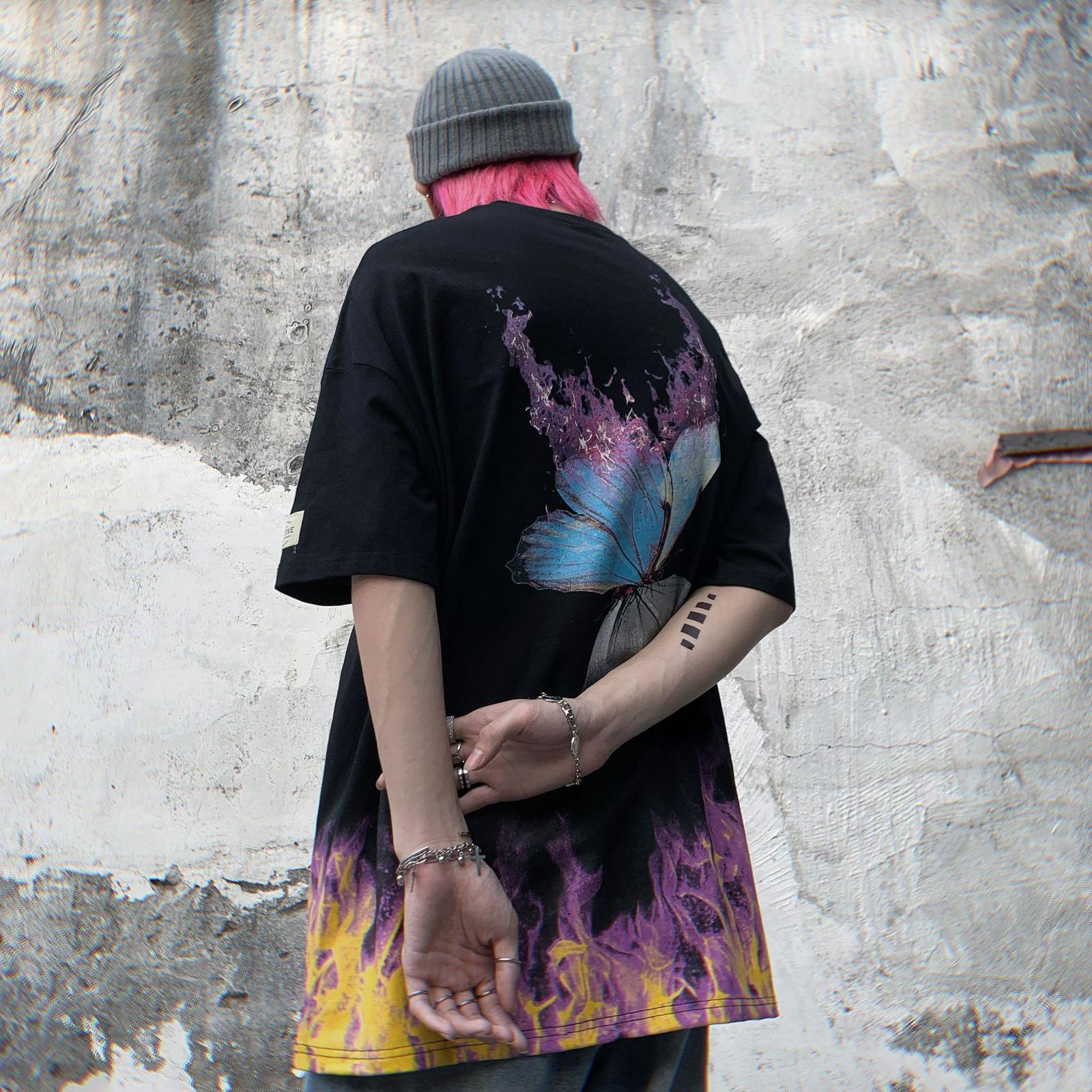 

2021 New Preto Japo Fogo Camisas Masculina Moda Algodo Solto Camisa t De Es Dimenses Casual Coreano Hip Hop Borboleta Tshirt Streetwear Dos