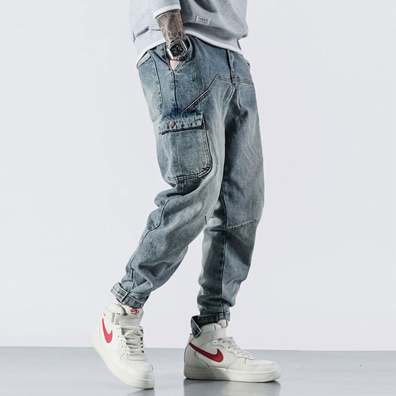 

2021 New Japanese Vintage Fashion Loose Retro Blue Big Pocket Denim Cargo Pants Slack Bottom Joggers Designer Hip Hop Jeans Men Klbi