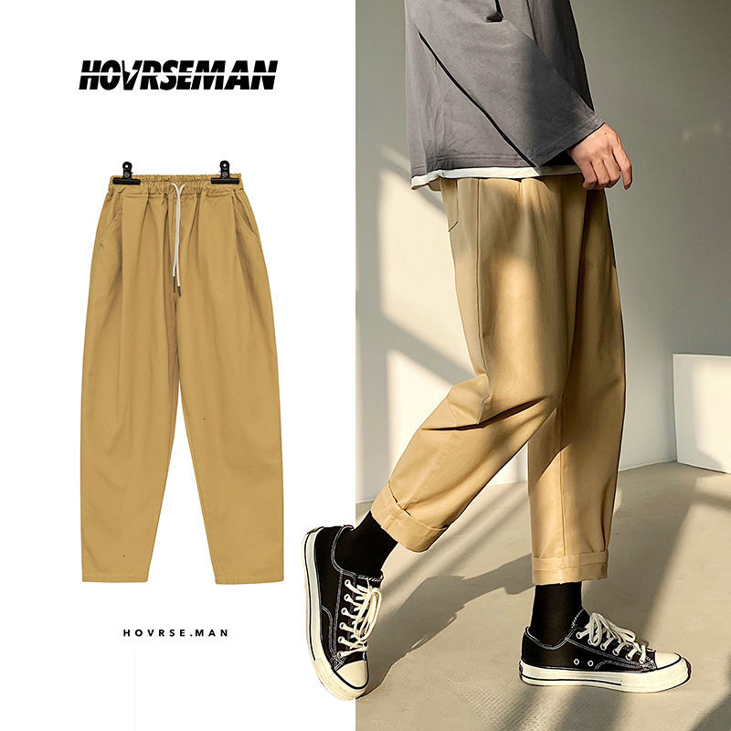 

2021 New Autumn Cotton Casual Men's Fashion Solid Color Retro Straight Pants Men Streetwear Hip-hop Drawstring Trousers Mens Qvq8, Khaki