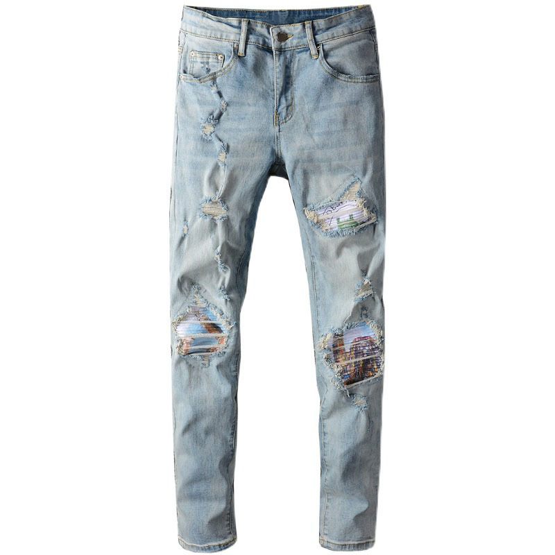 

2021 New Men's Male Trousers Fashion Casual Light Blue Street Tide Brand Retro Distressed Hole Jeans Patches Stretch Slim Denim Pants Lbwk