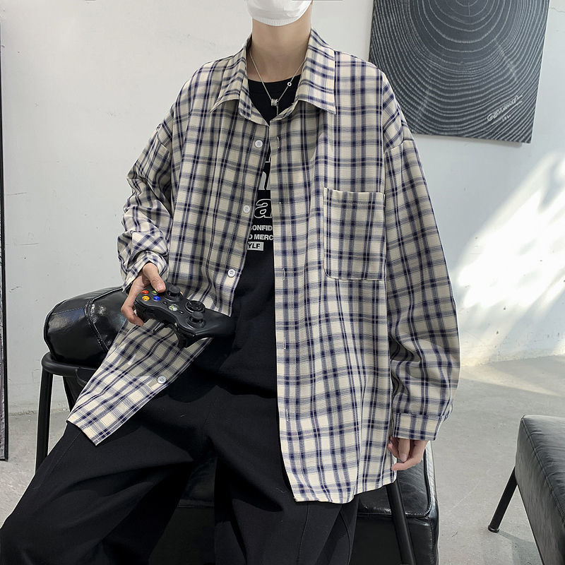 

2021 New Spring Cotton Plaid Men's Fashion Hit Color Retro Casual Shirt Men Streetwear Long-sleeved Shirts Mens M-2xl 2c2p, Tibetan green grid