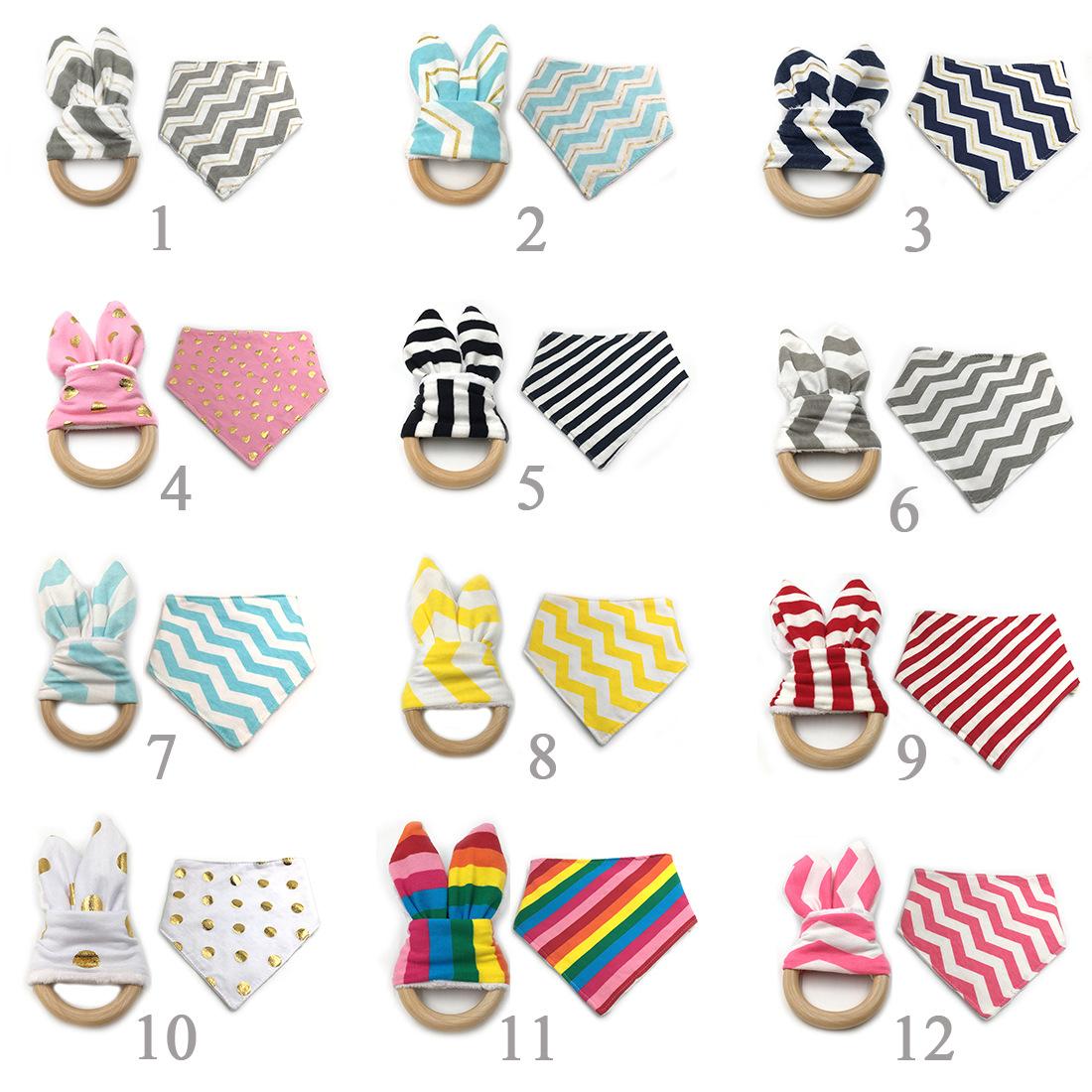 12 Styles New Baby Bibs+Teething Ring Teeth Stick 2pcs Sets 100% Cotton bamboo fiber Infant Bibs Teething Ring Wooden Teething Training-image-735726891