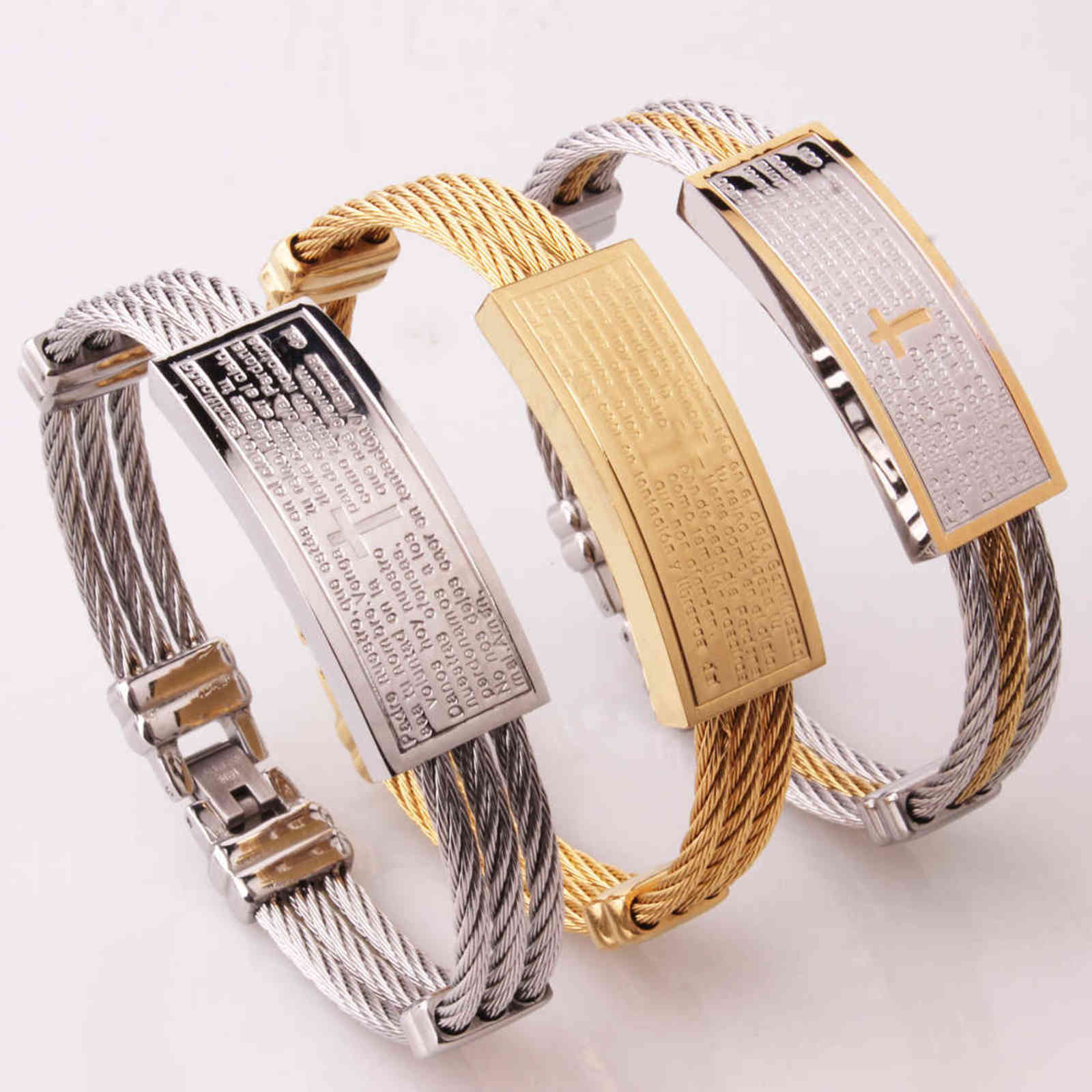 

Fashion Men 3 Rows Wire Chain Bracelet Bangle Punk Stainless Steel Cross Bible Religion Christ Prayer Male