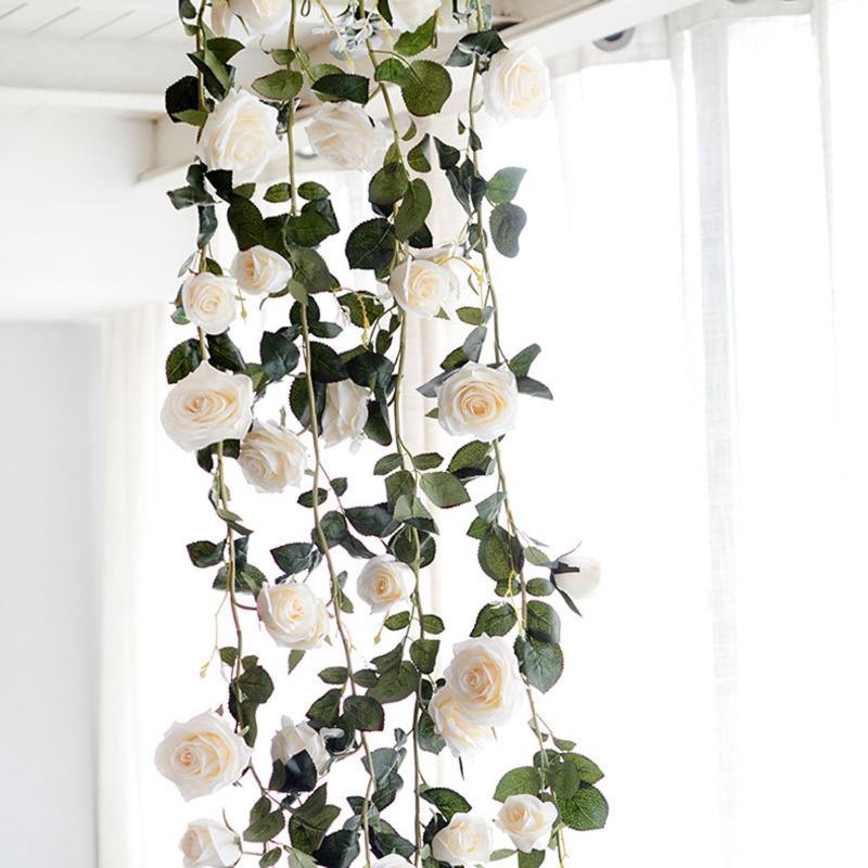 

TFBC-180cm Artificial Rose Flower Vine Wedding Decorative Real Touch Silk Flowers With Green Leaves for Home Hanging Garland D, Red