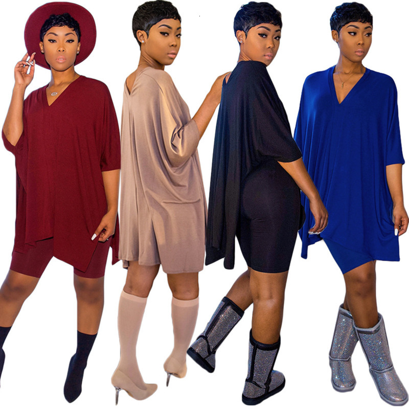 

2021 New Sexy Two Piece Set Summer Outfits Women V-neck Batwing Sleeve Loose t Shirts and Bodycon Biker Shorts Plus Size Short Sets Lfqp, Wine red
