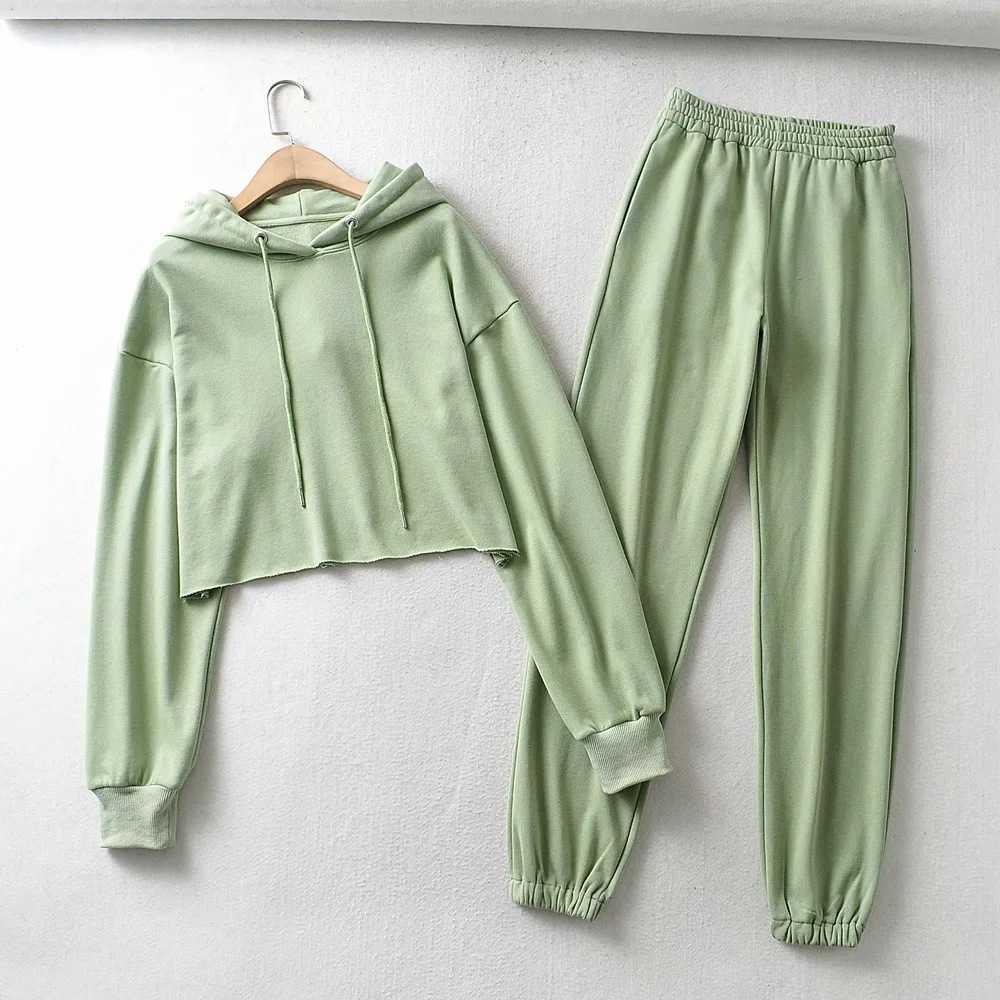

Spring 2 Piece Sets Womens Outfits Short Sports Hooded Sweatshirt + High Waist Sweatpants Female 210607, Green