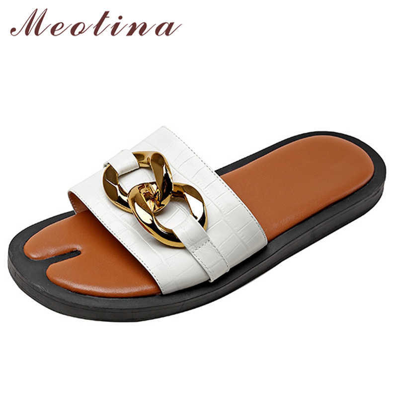 

Meotina Slippers Women Shoes Genuine Leather Sandals Metal Decoration Flat Slides Square Toe Cow Leather Ladies Footwear Summer 210608, Black