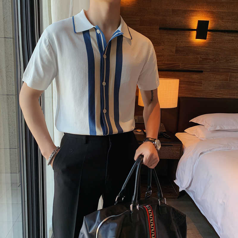 

Summer Short-sleeved Knit POLO Shirt Men British Trend Slim Cardigan Color Contrast Lapel Business Casual POLO Shirts Male Tee 210527, White