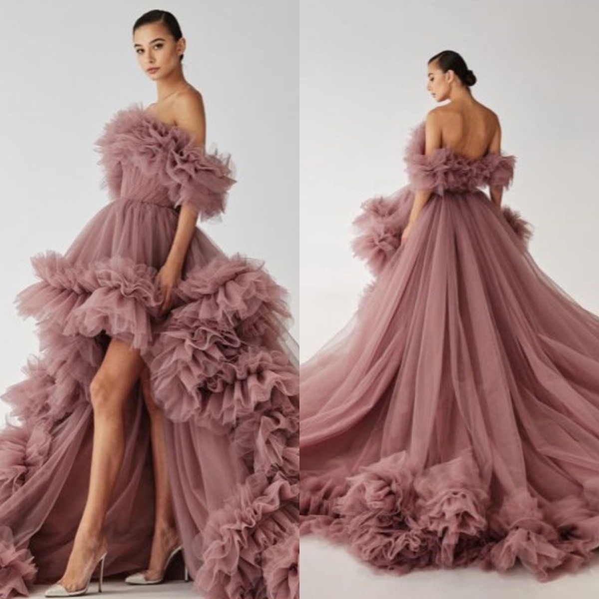 

2022 High Low Prom Party Dresses Fluffy Ruffled Tulle Off the Shoulder Formal Evening Gowns Strapless Photo Shoot Photography Dress, Red