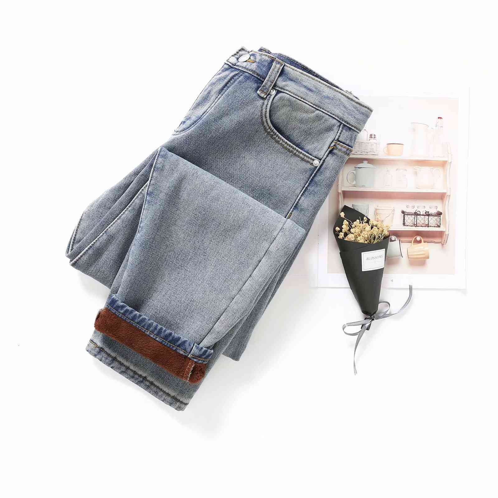 

jeans f8261 - korean women's wear high waist letter button plush for women in autumn and winter of 2021, Blue