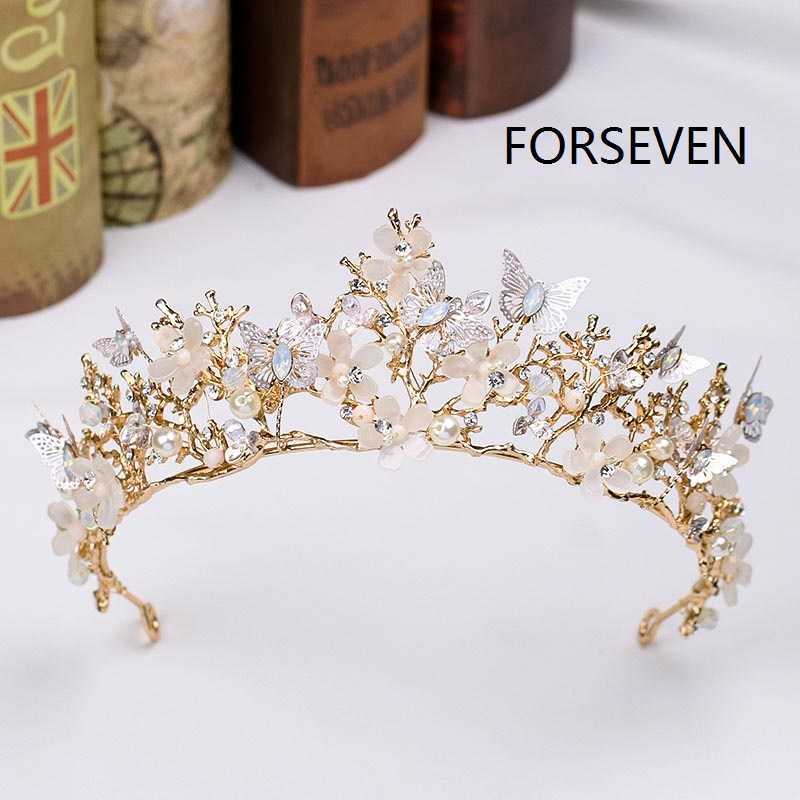 

FORSEVEN Gold Flower Butterfly Bridal Tiaras Crowns Baroque Pearl Diadem Headpiece Hair Jewelry Wedding Accessories JL 210616