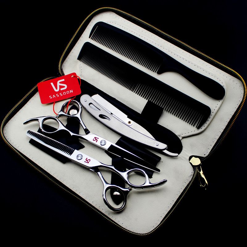 

XMQ-02 6.0-inch 62HRC 6CR stainless steel cutting/thinning scissors set with Comb and scraper barber scissors kit with leather case