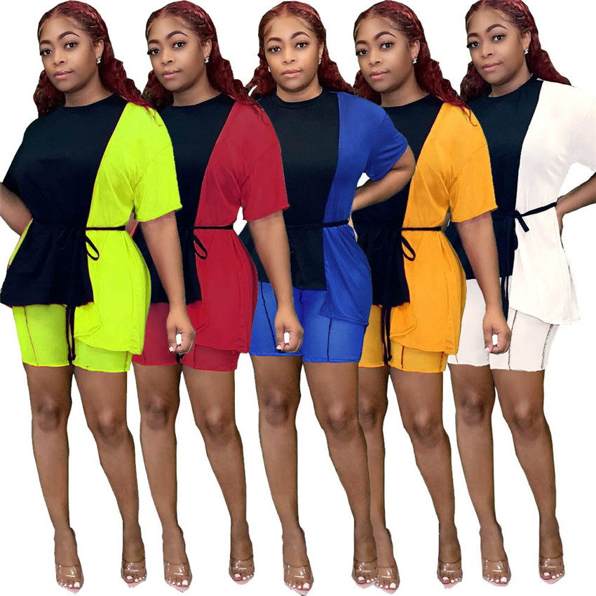 

Summer Patchwork Womens Tracksuits Pullover Short Sleeve Two Piece Sets for Womens Bandage Slim Ladies 2PCS Outfits, Gray