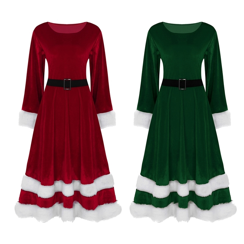 

Womens Ladies New Year Dress Soft Velvet Scoop Neck Long Sleeves Mrs Santa Claus Costume Adults Christmas Fancy Outfit, Green