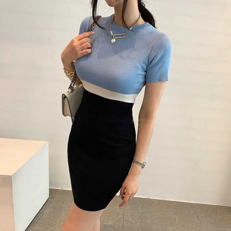 

WOMENGAGA Summer Round Neck Patchwork Slim Knit Mini Dresses Dress Sexy Skinny Women T Shirt Tops DT9P 210603, Black