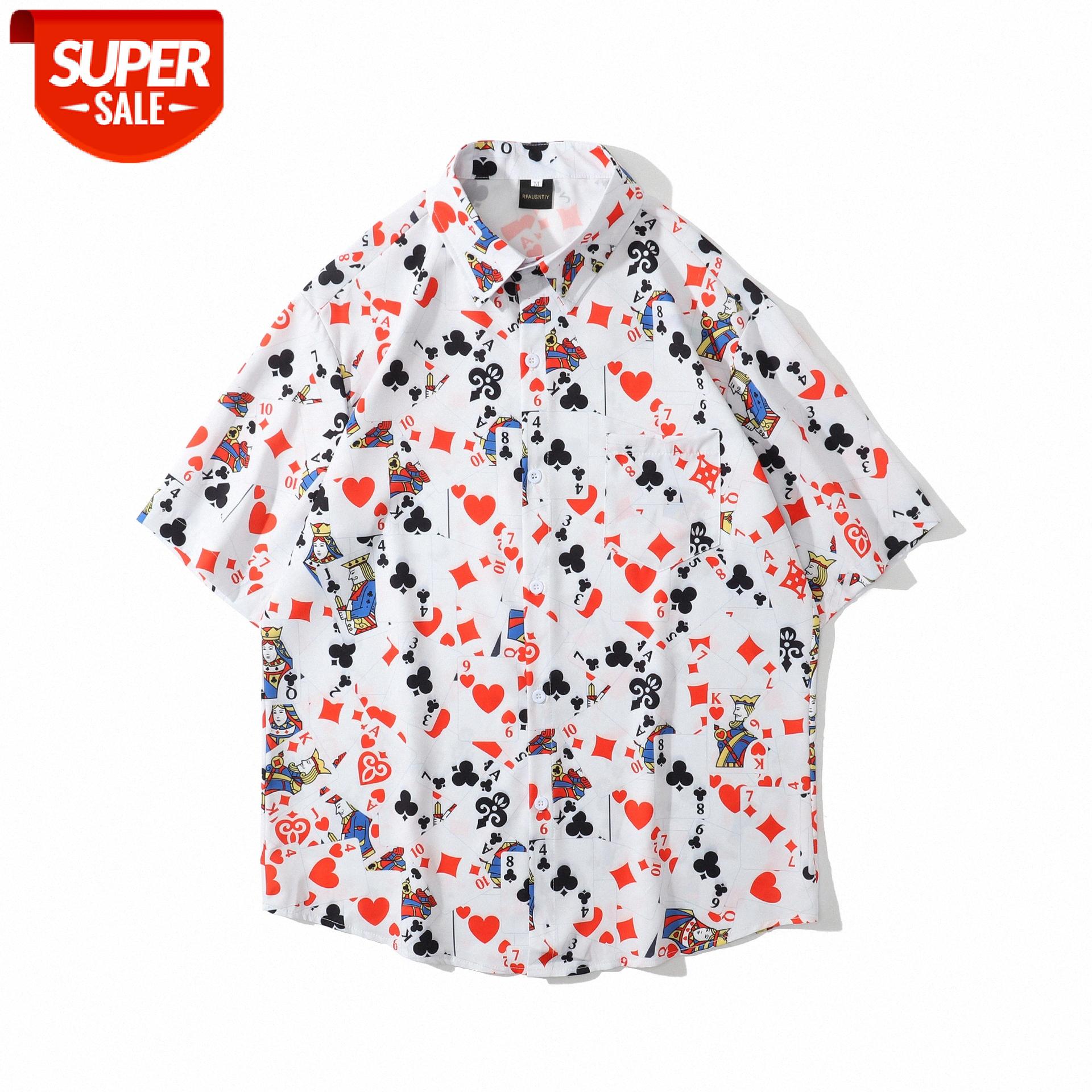 

short-sleeved floral shirt playing cards retro casual shirts for men and women loose #PX4P, White;black