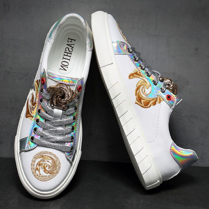 

Concise Men Shoes Print Lace Up 2021 New Spring Autumn Round Toe PU Leather Casual Outdoors Fashion Classic Comfortable Sneakers DH676, Gold