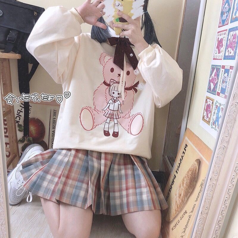

New Deeptown Bear Winter 2021 Fashion Print Kawaii Hoodie Long Sleeve Casual Clothes Women White Sweatshirt Fod2, Apricot