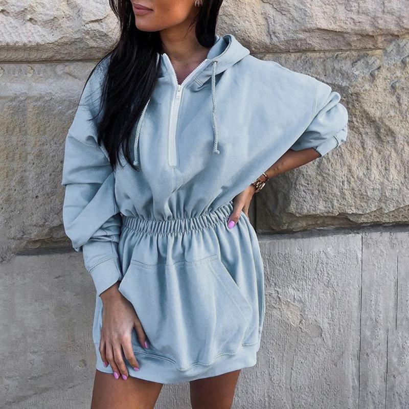 

Fashion Autumn Sweatshirt Dress Zipper Pocket Hooded Women Mini Dress Sexy Blue Ladies 2021 Vestidos, Pink