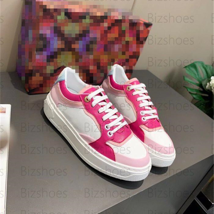 

Designers Shoes Vintage Monograms Embossed Lambskin and Colorful Calf-Leather Trim Women Runner Causual Shoe Elevated Outsole Fuchsia Time Out Sneaker Trainer, 02