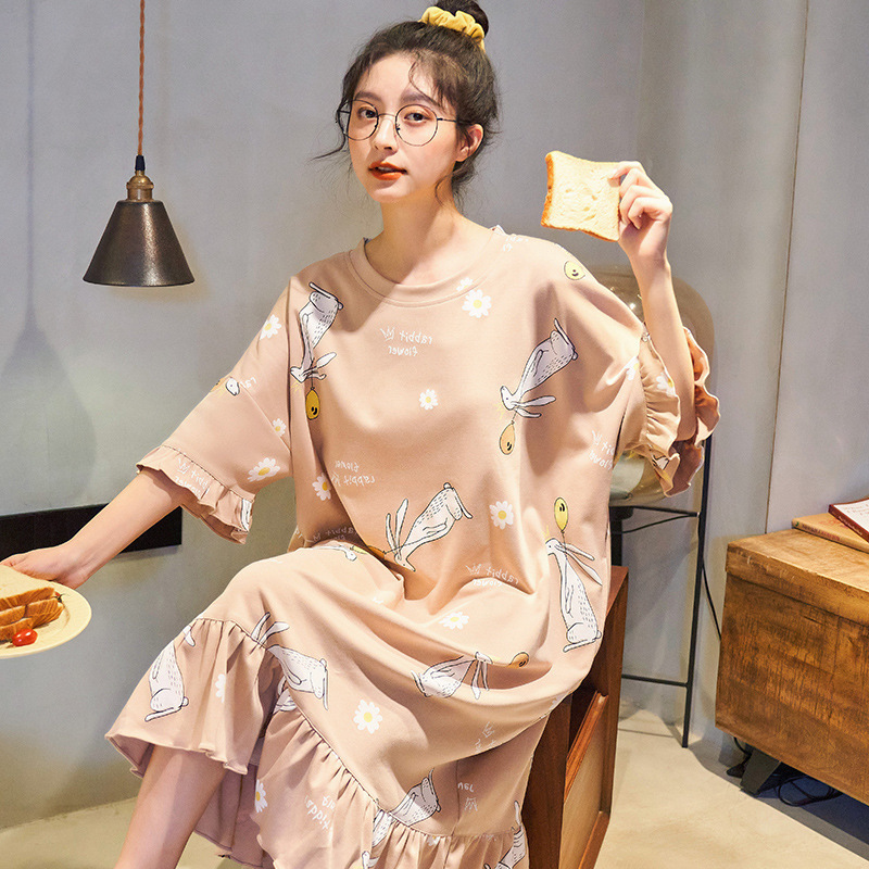 Spring Yusheng and Summer Loose Size Women&#039;s Pullover Housewear Pajamas Cotton Printed Long Nightdress-image-702725957