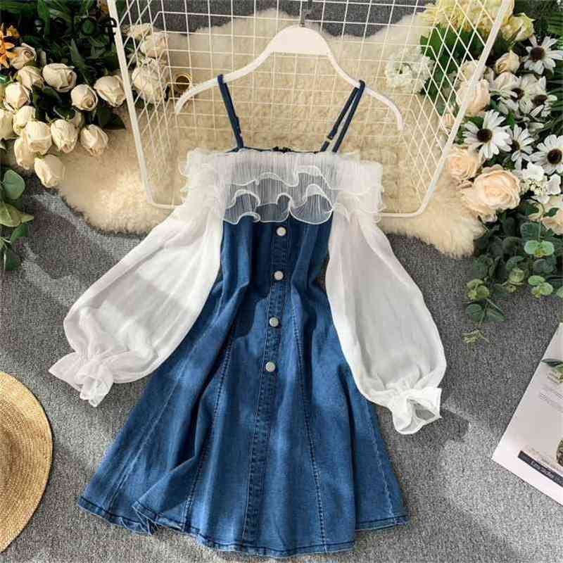 

Neploe Denim Dress Fashion Lantern Sleeve Woman Dresses Clothes Gauze Patchwork Vestidos Ruffles Korean Off Shoulder Robe 210719, Dark blue