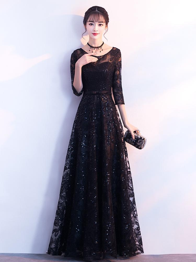 

Party Dresses Evening Long Formal Elegant A-Line Plus Size Short Sleeve Lace Black Wedding Guest Dress Gown Vestidos ES1159