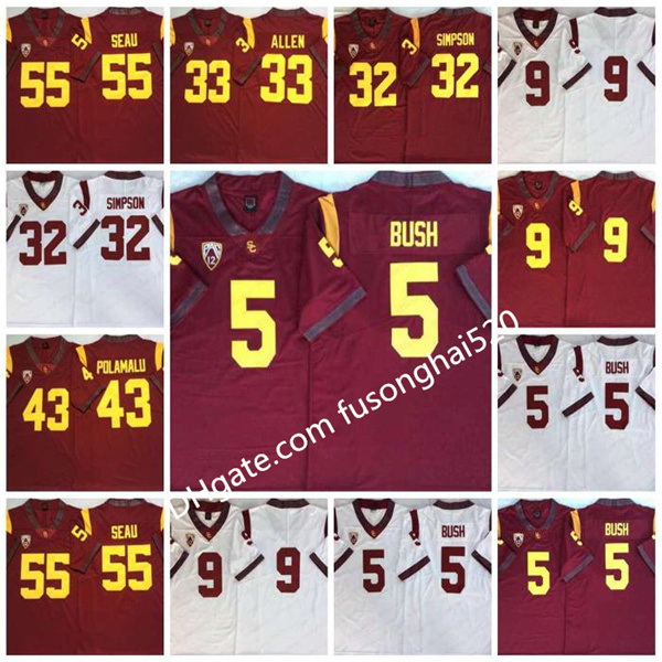 

2021 NCAA Vintage USC Trojans College Football Jersey #5 Reggie Bush 32 OJ Simpson 14 Sam Darnold 9 Kedon Slovis 43 Troy Polamalu 55 Junior Seau, Black