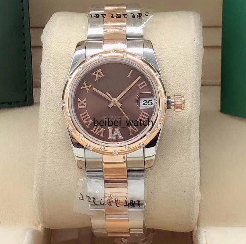 

2020 new 31mm women's watch 12 diamond outer ring 6 position Roman diamond automatic watch stainless steel fashion watch, Slivery;brown