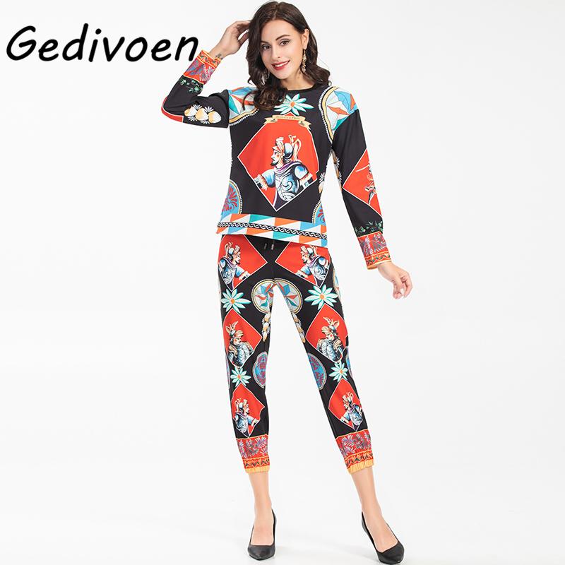

Women's Two Piece Pants Gedivoen Designer Autumn Casual Suits Fashion Vintage Print Long Sleeve Tops + Ankle-Length Set, White