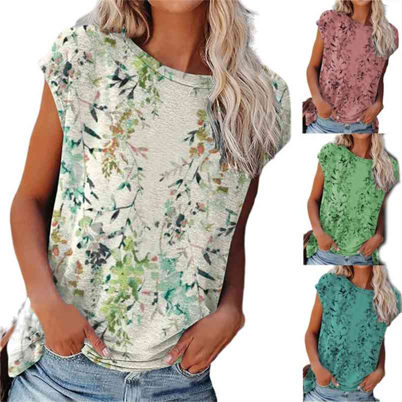 

Women Summer Printed Short Sleeve T-shirt Vintage Floral Sleeveless Tops Casual Loose Plus Size Vest Lady Round Neck Tshirt 210708, Blue