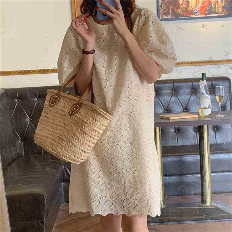 

Solid Oversize Sweet Hollow Summer Puff Sleeves Gentle Straight Chic Casual Mini Dress Streetwear Vestidos 210525, Photo color