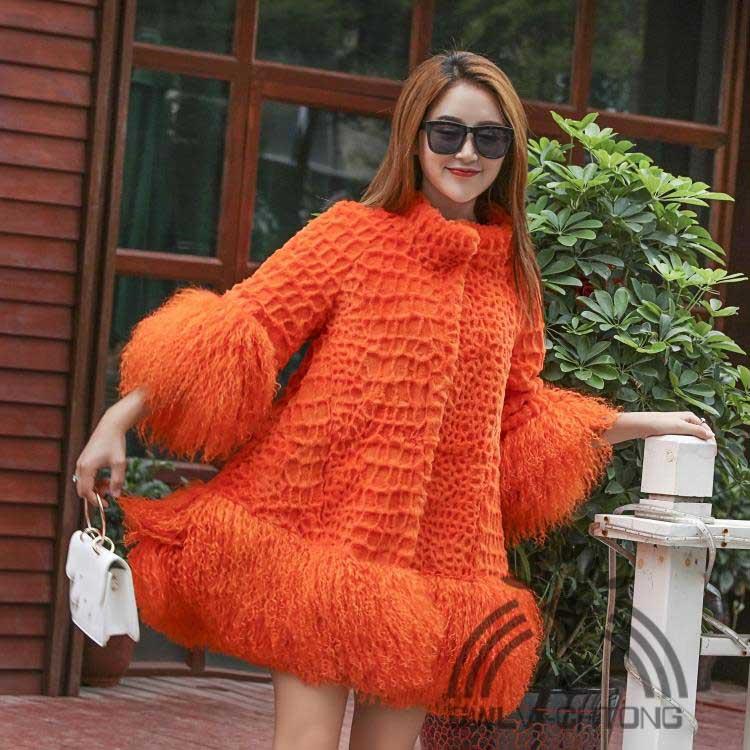 

Women's Fur & Faux Real Natural Genuine Coat With Lamb Cuff And Hem Fashion Loose Style 3/4 Sleeve Jacket Warm Winter, Black