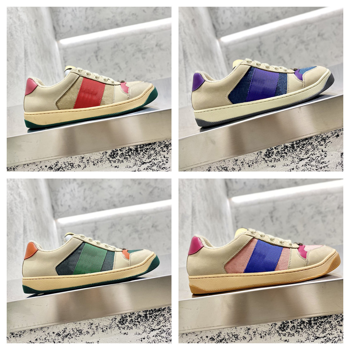 

2021 TOP Designer Stripe Shoes Fashion Dirty Leather Lace-up Tennis Shoe Fabric Low Top Canvas Sports Casual Men Women Screener Webb, Color 7