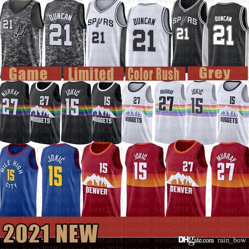 

2021 New Basketball Jersey Denver Nuggets San Mens Antonio Spurs Nikola Jamal 27 Murray 15 Jokic Tim 21 Duncan Brown, Black;red