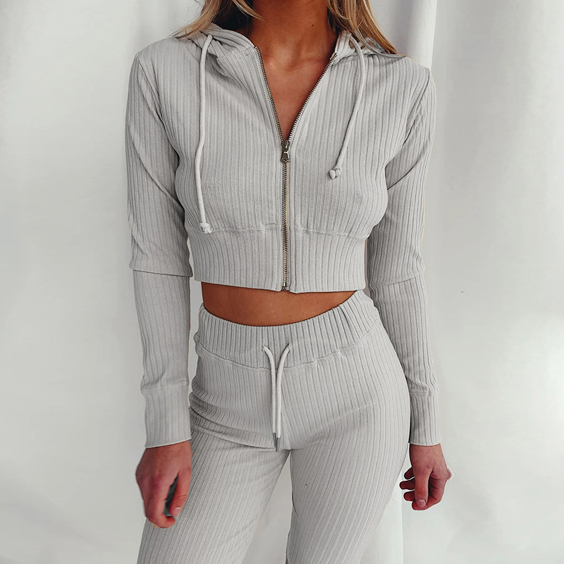 

2021 New Fashion Winter Sets Long Sleeve Hoodies Crop Tops + Pants Knited Two Piece Set Women Outfits Tracksuit Clothes Iumo, Khaki