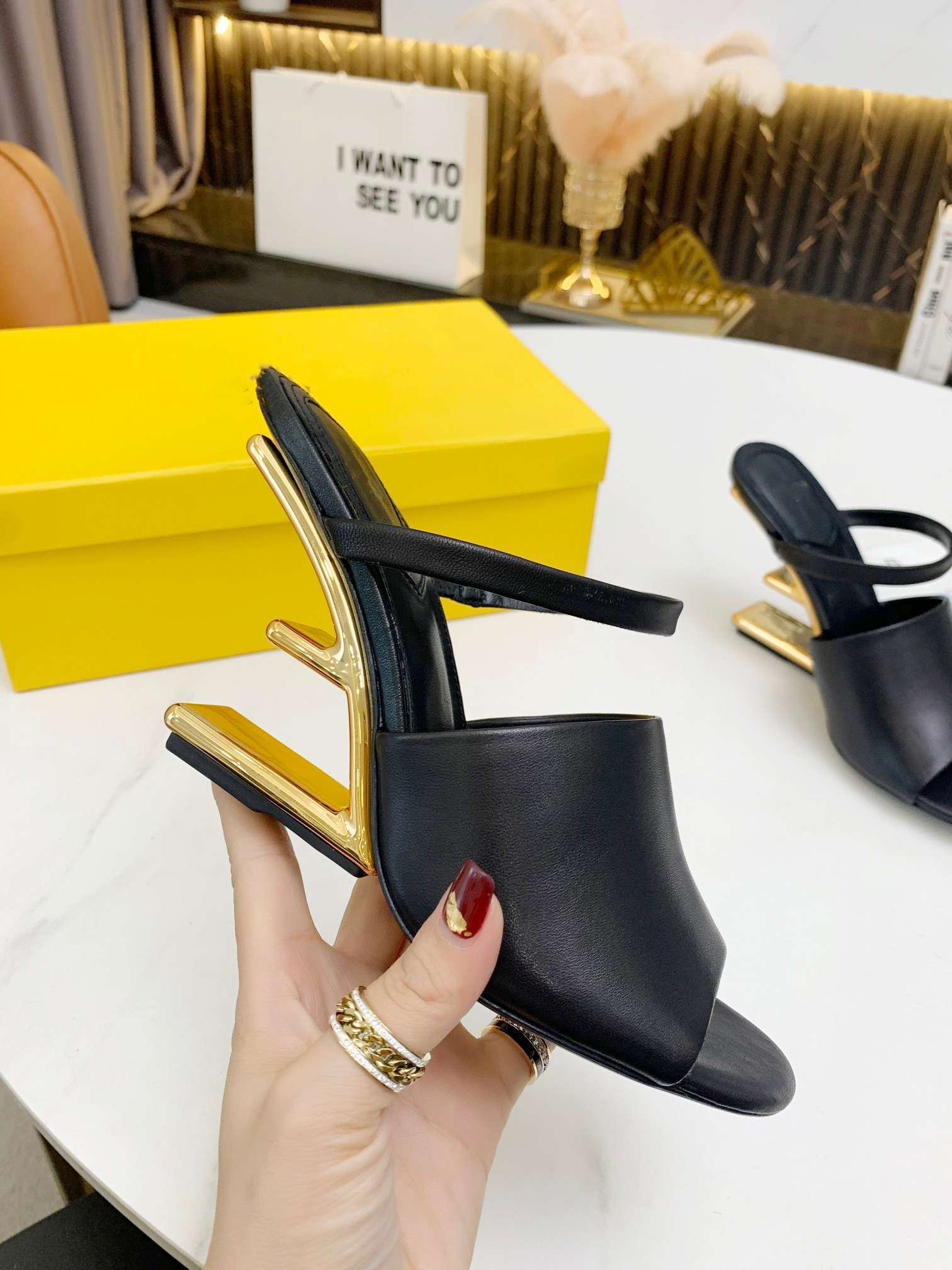 

Top designer FIRST leather high heel sandals with wide horizontal strap gold metal diagonal vertical heels fleece size 35-42, Box