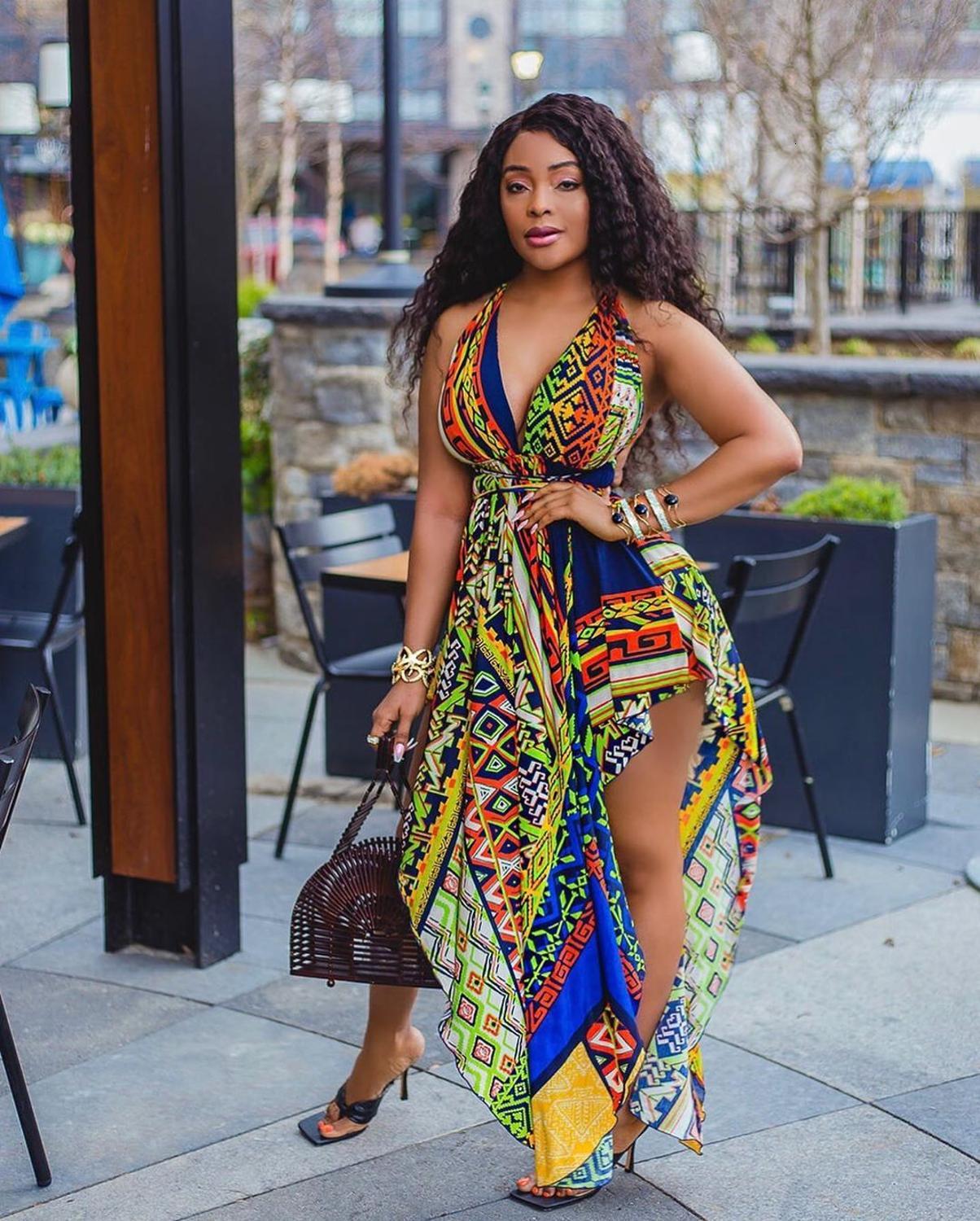 

2021 New Summer Fashion Women' Sexy Asymmetrical Print Ankle Length Hollow Out Bohemia Slim Long Beach Party Es Hgq1, Multi color2