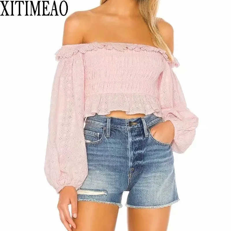 

ZA Sexy Lace Bandage Off Shoulder Shirts Summer Women Crop Long Sleeve Tops Casual Elegant Lady Wear 210604, White