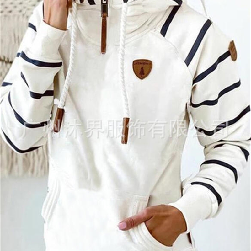 

Autumn and winter new contrast stripe high collar pocket women's sweater, Black