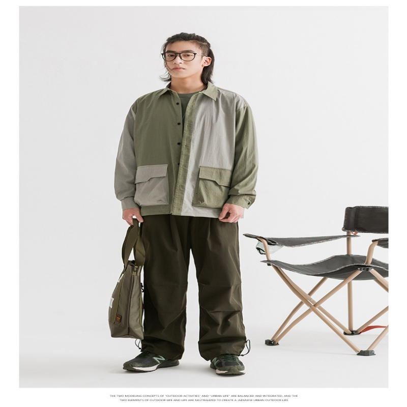 

2021 Japanese Autumn Winter New Products Fashion Simple Personality Contrast Stitching Loose Lapel Windbreaker Shirt Men Ufi2, Khaki
