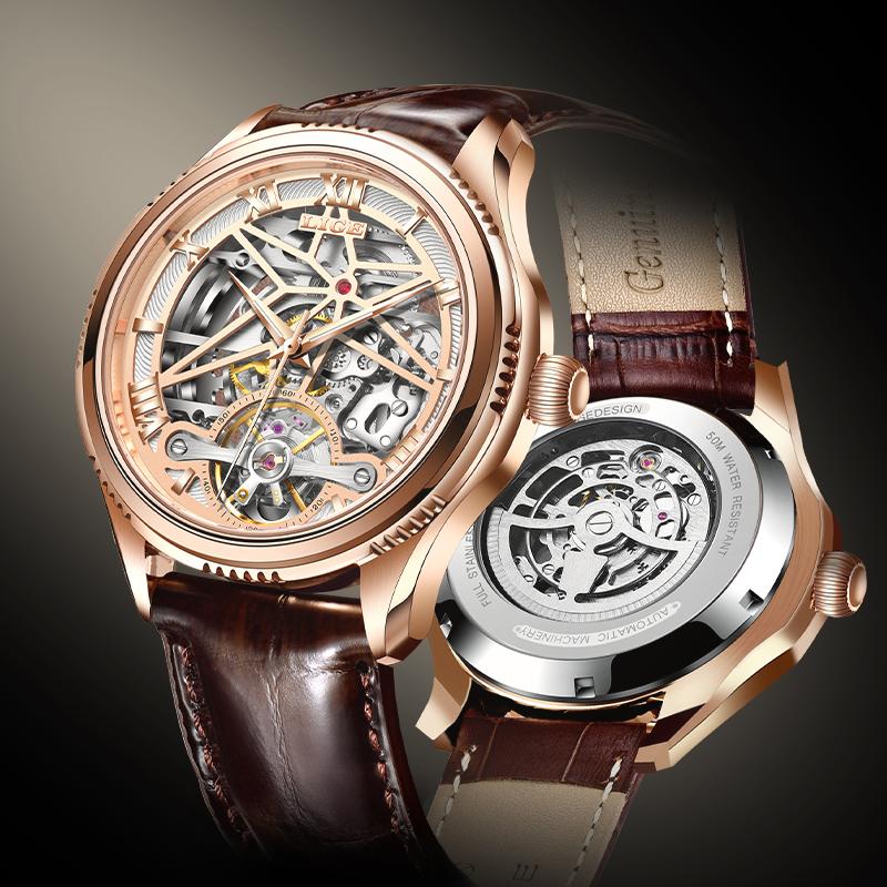 

Wristwatches LIGE Skeleton Tourbillon Mechanical Watch Men Automatic Classic Rose Gold Leather Wrist Watches Reloj Hombre 2021+Box, L black
