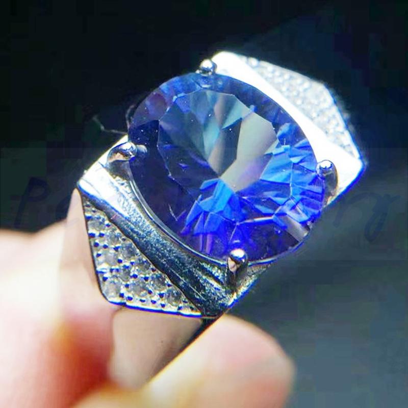

Cluster Rings Per Jewelry Men Ring Natural Real Blue Topaz 9*11mm 4.5ct Big Gemstone 925 Sterling Silver T203222, Golden;silver