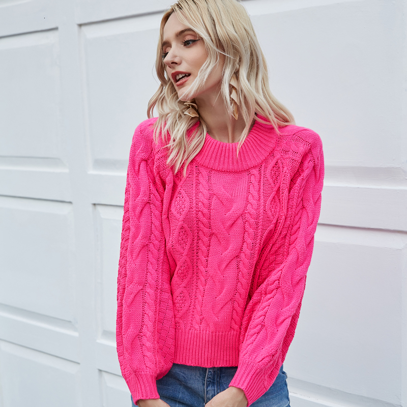 

2021 Women Casual Sweater New Vintage Twist O-neck Lantern Sleeve Winter Clothes Solid Warm Knitted Top Ladies Y7sx, As picture