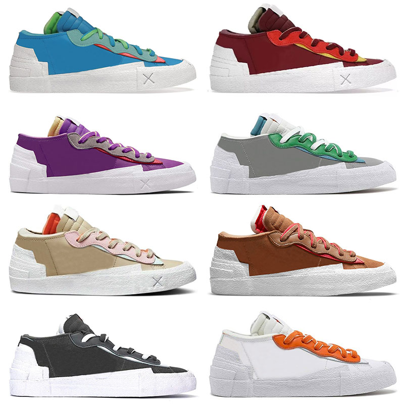 

KAWS x Sacais x Blazers Low Casual Shoes Mid 77 Sports Off Neptune Blue Purple Dusk Reed Team Red Designer Sneakers British Tan Iron Grey White Men Women Trainers, Black white 36-45