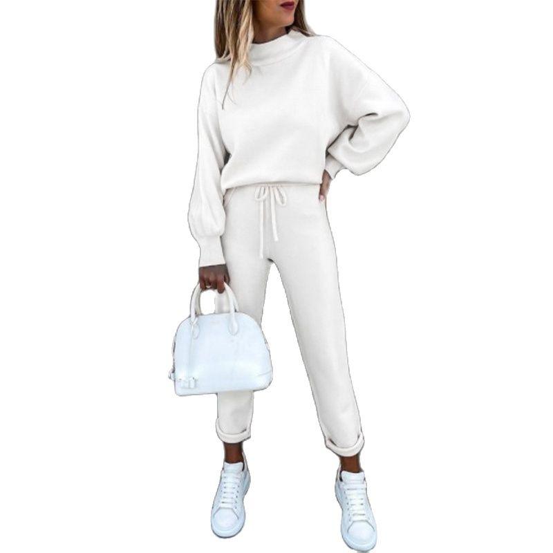 

Women's Two Piece Pants The Latest Sportswear Fleece Sweatshirt Suit Lantern Sleeve Pullover Drawstring Clothing, White
