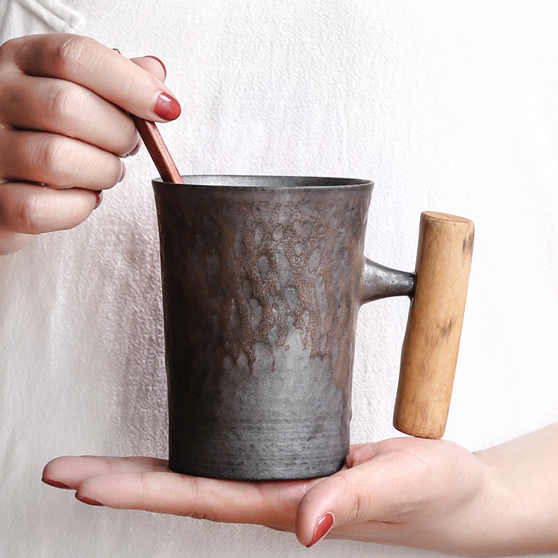 

300ml Vintage Ceramic Coffee Mug Tumbler Rust Glaze Tea Milk Beer Water Cup Office Drinkware with Wooden Handle L0309