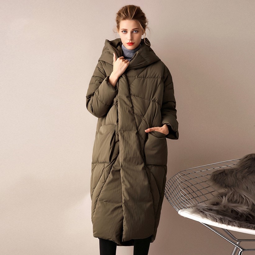 

2021 New Fashion Brand Mid-length Jacket Winter Solid Thick 90% White Duck Down Hoodie Cocoon Type Coat Yjut, Black