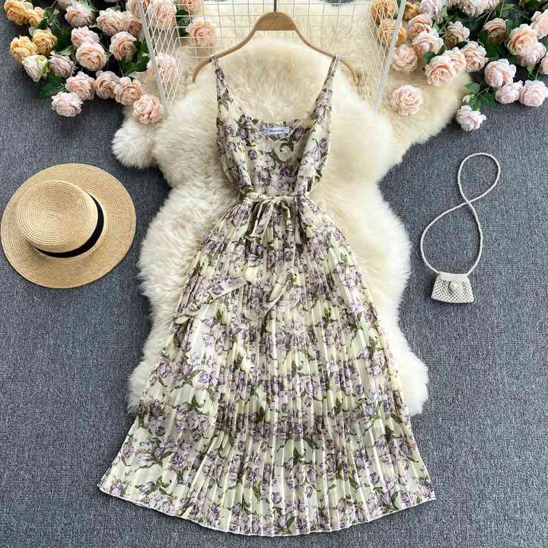 

Women Boho Chiffon Dress Summer Sweet Floral Print Pleated V Neck Beach Dresses Vestidos Korean Woman Elegant Long Robe 210602, Apricot