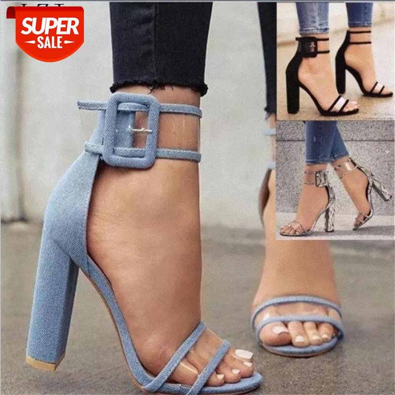 

2021 Chunky Heel Sandals Sexy Denim Open Toe Clear Band Block Heel Dress Sandals New Arrival Zapatos De Mujer Heels for Women #Xl4T, Black